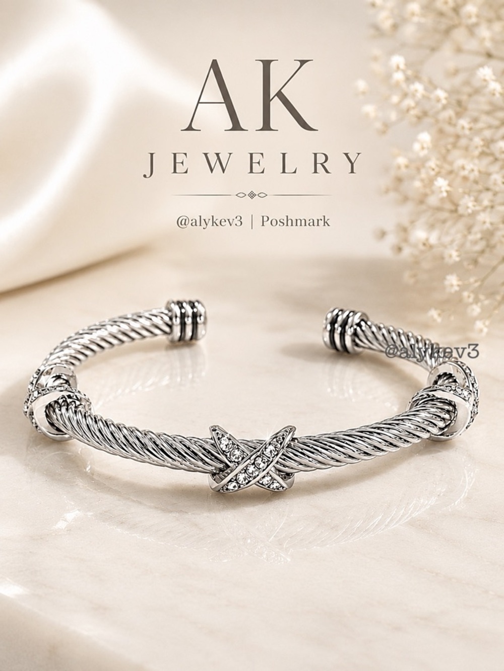 💎Luxury BRACELET Silver 3 X Cable Twisted Cable Crystal Cuff Boutique Collection